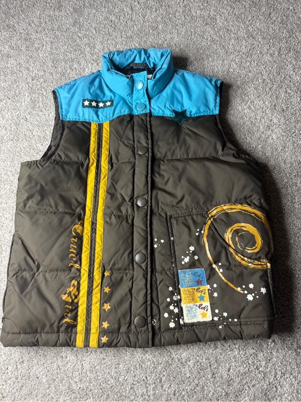 Vintage Cruel Girl Down Puffer Vest Brown Blue Yellow Racing Stripe Y2K M